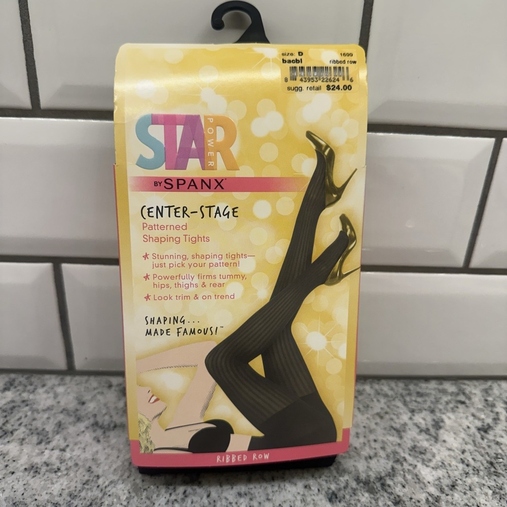 Spanx Star Power‎ Center Stage Patterned Shaping Tights Ribbed Row Black Sz D